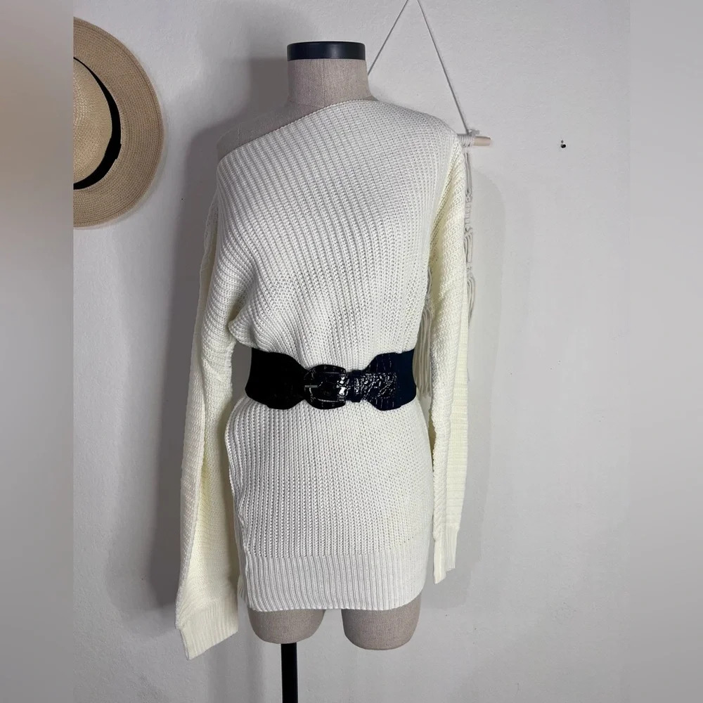 Off shoulder long cable knit sweater in ivory